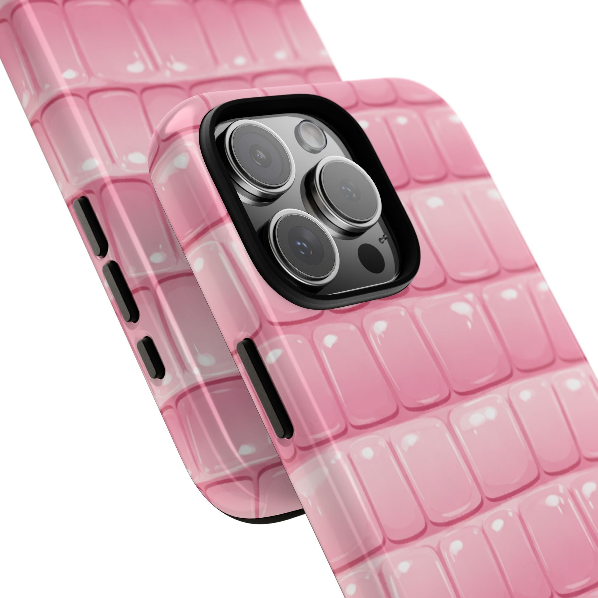 Bubblegum pink phone case showing camera cutout and side button openings