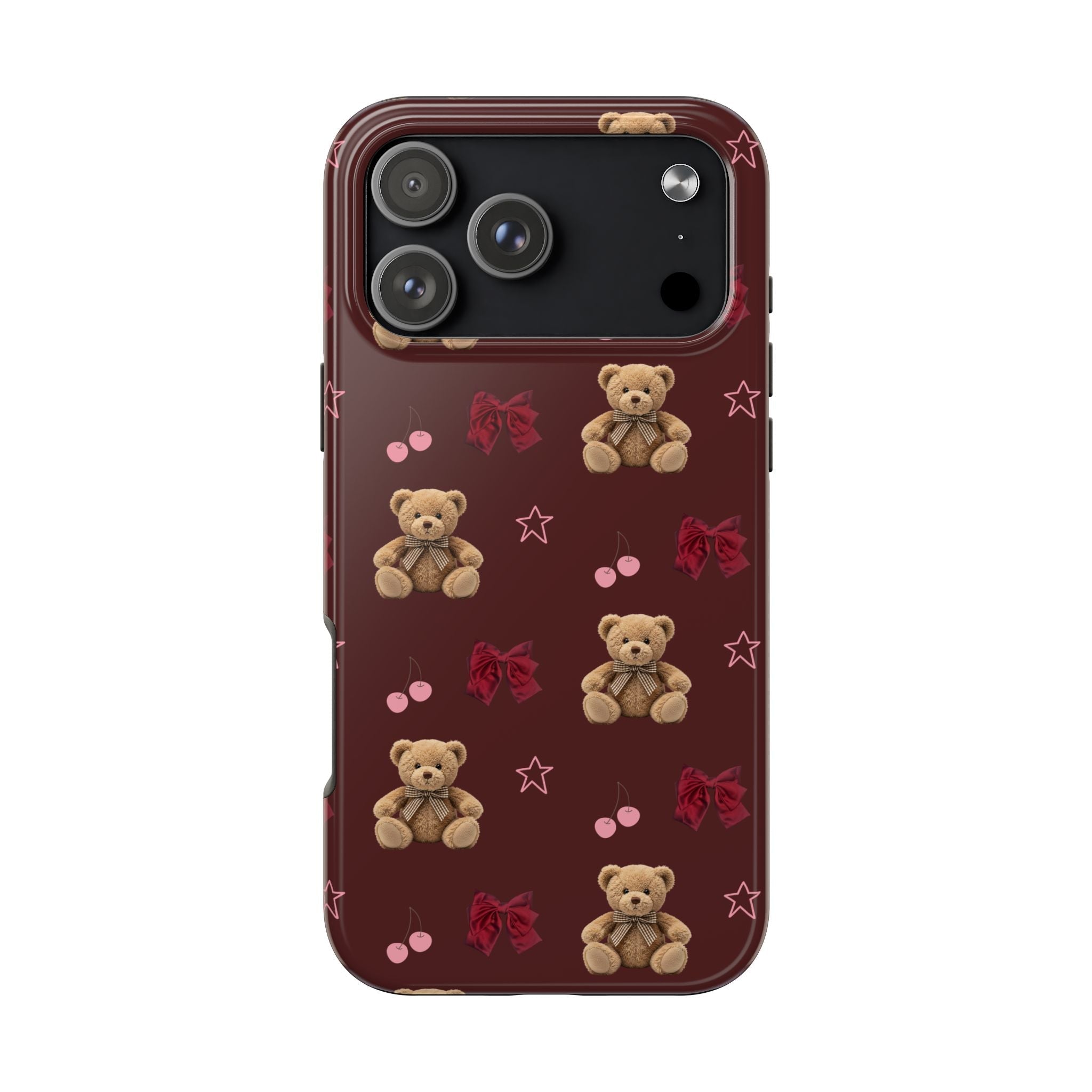 Burgundy phone case with cute teddy bears, red bows, pink hearts, and star accents
