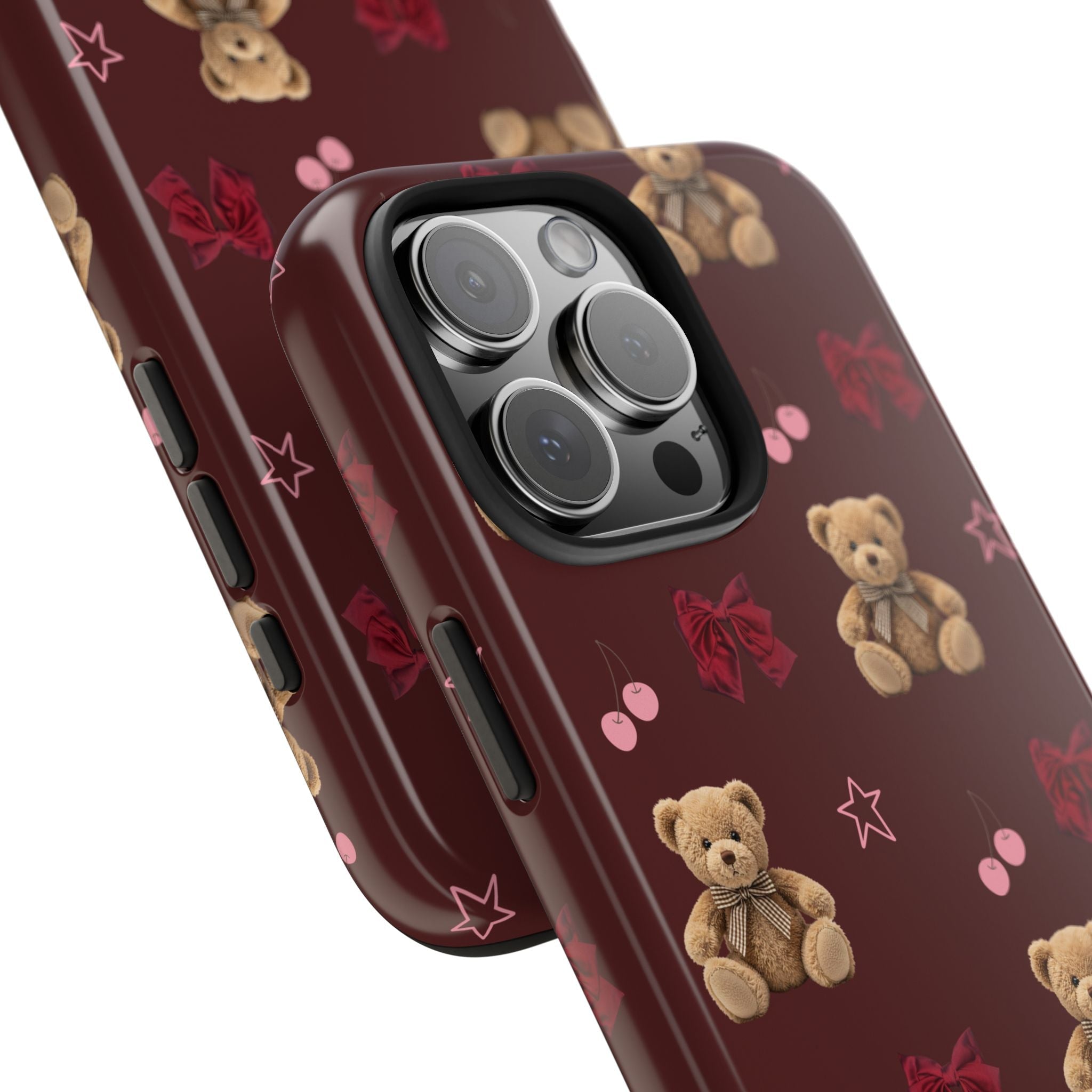 Close-up burgundy teddy bear phone case with camera cutout and side button openings