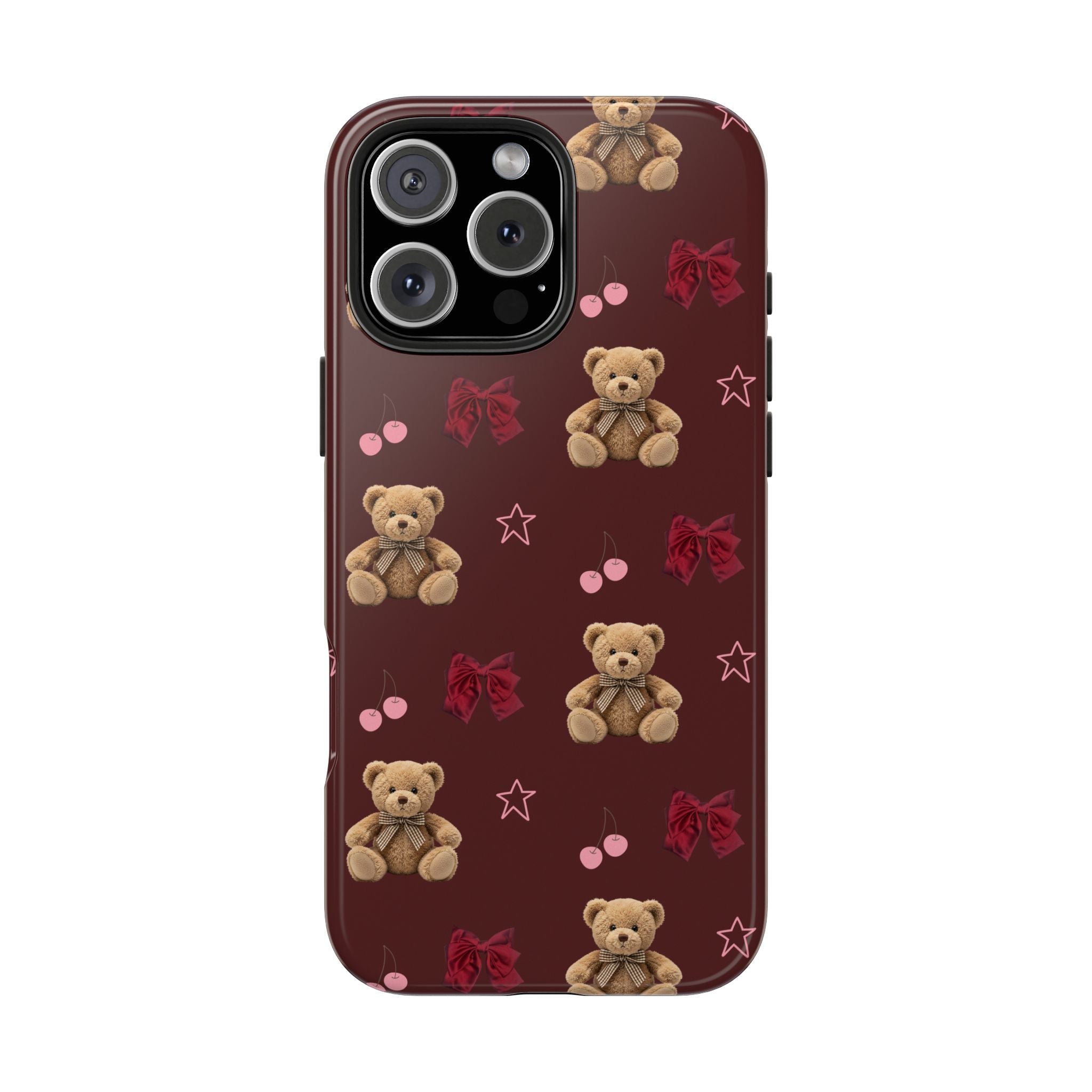Burgundy teddy bear phone case pattern with bows, small hearts, and star symbols