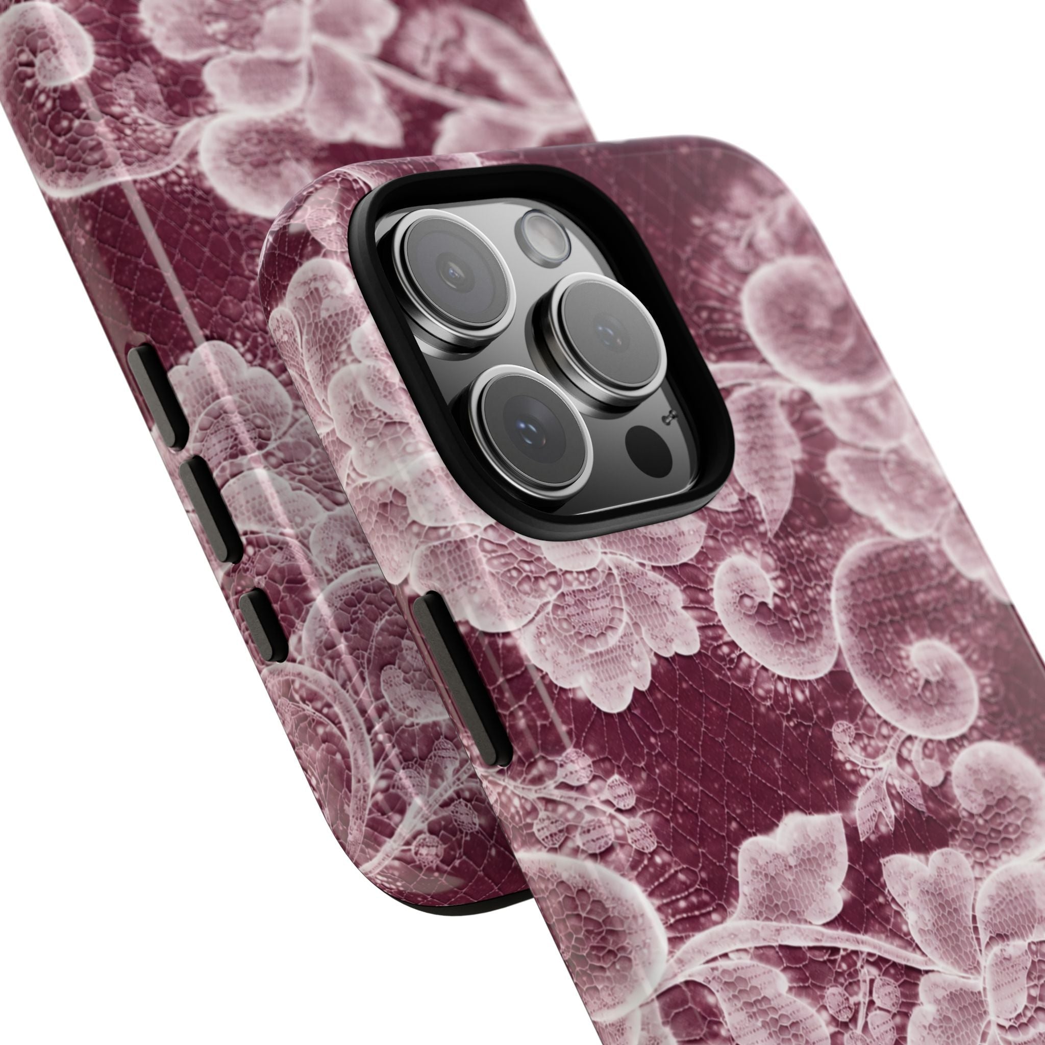 Burgundy floral lace phone case, angled view showing camera cutout and light-pink florals