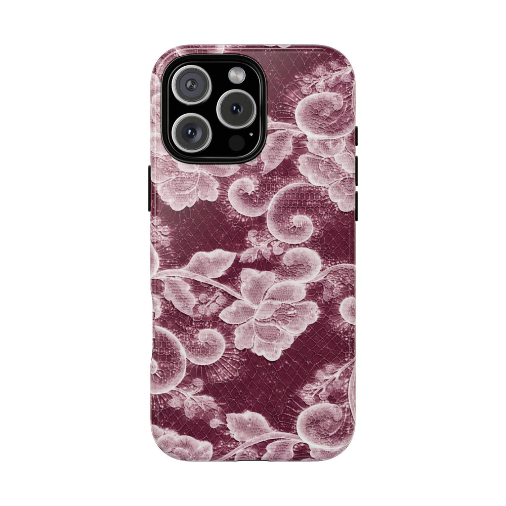 Burgundy floral lace phone case with light-pink lace pattern and camera cutout