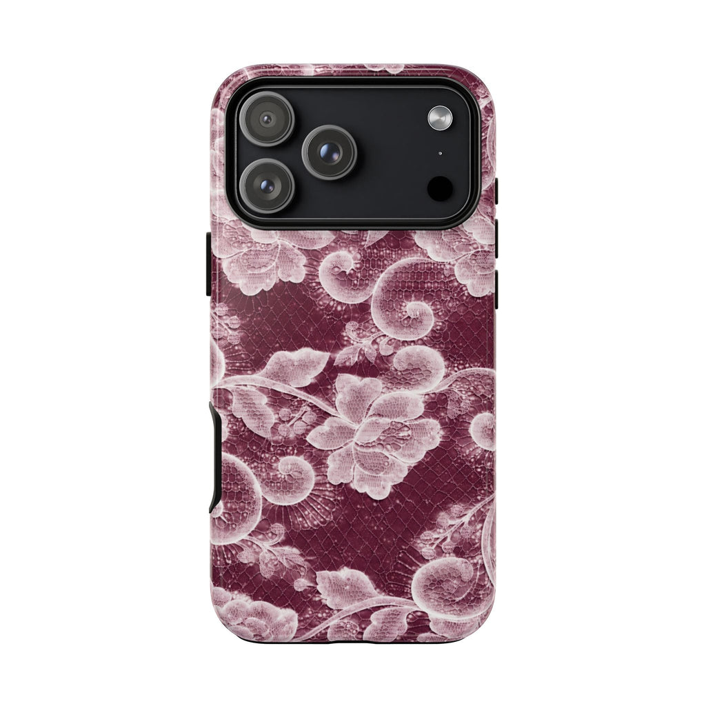 Burgundy floral lace phone case with light-pink blossoms pattern and camera opening