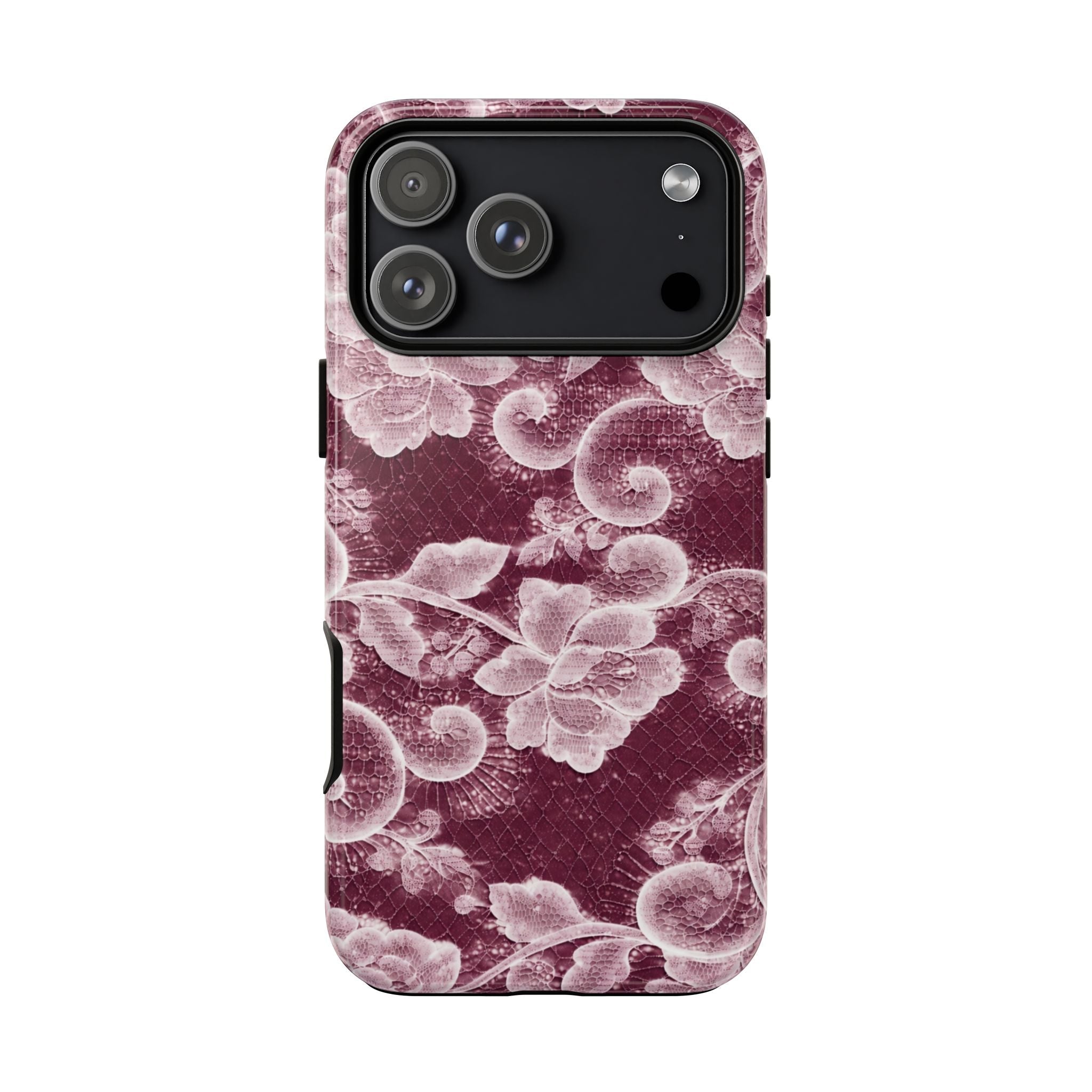 Burgundy floral lace phone case with light-pink blossoms pattern and camera opening