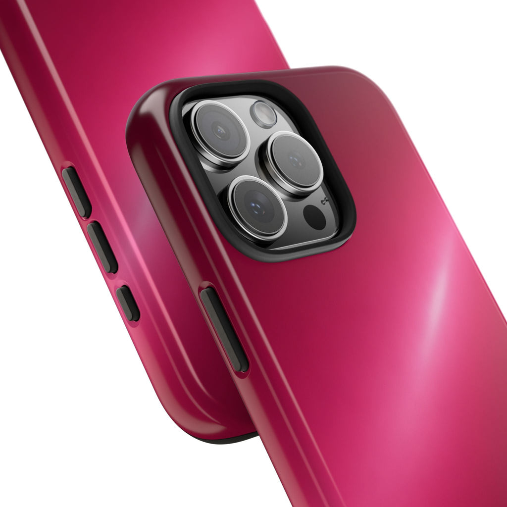 Burgundy glossy phone case corner view with camera lens openings and side cutouts