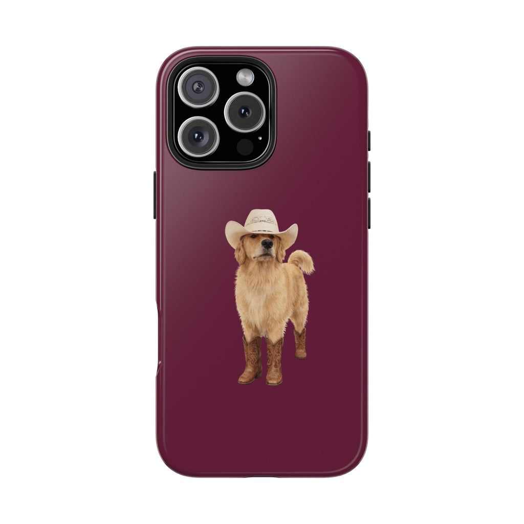 Burgundy phone case with cowboy golden retriever dog graphic and camera cutouts