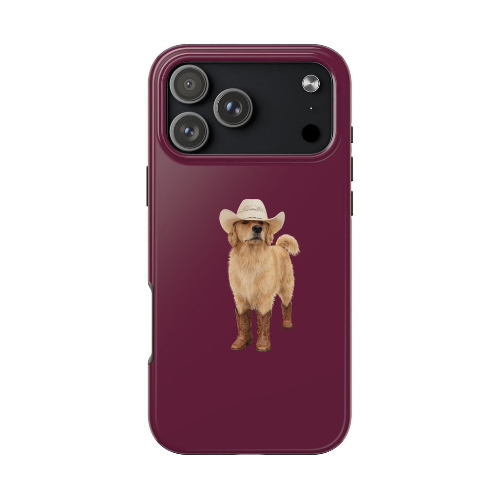 Burgundy phone case with cowboy golden retriever dog graphic and camera lens openings