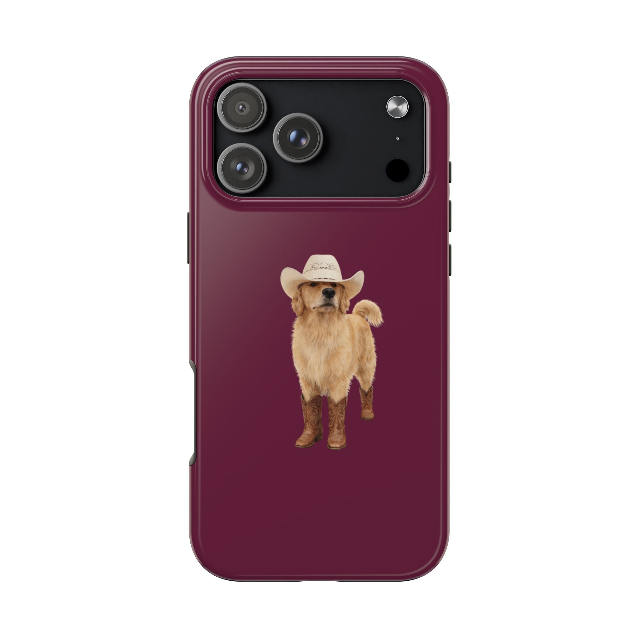 Burgundy phone case with cowboy golden retriever dog graphic and camera lens openings