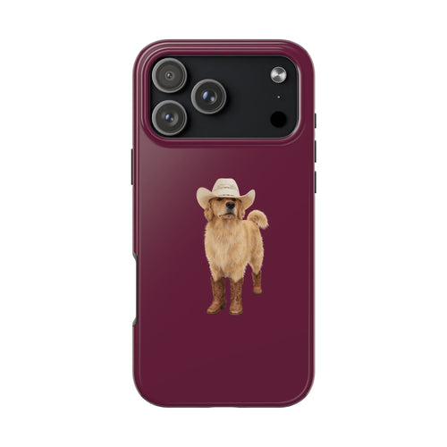 Burgundy phone case with cowboy golden retriever dog graphic and camera lens openings