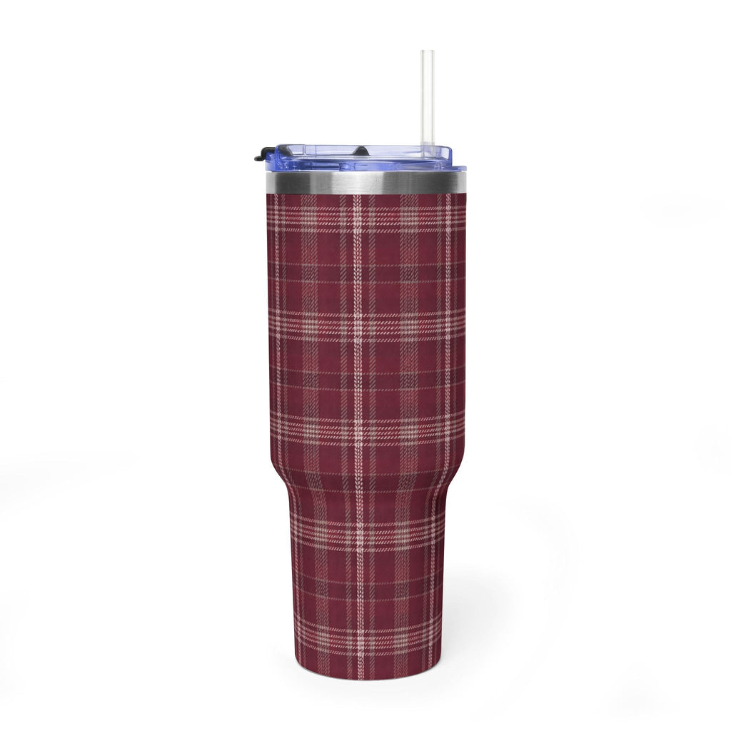 Burgundy plaid 40oz tumbler with clear lid and straw, centered view