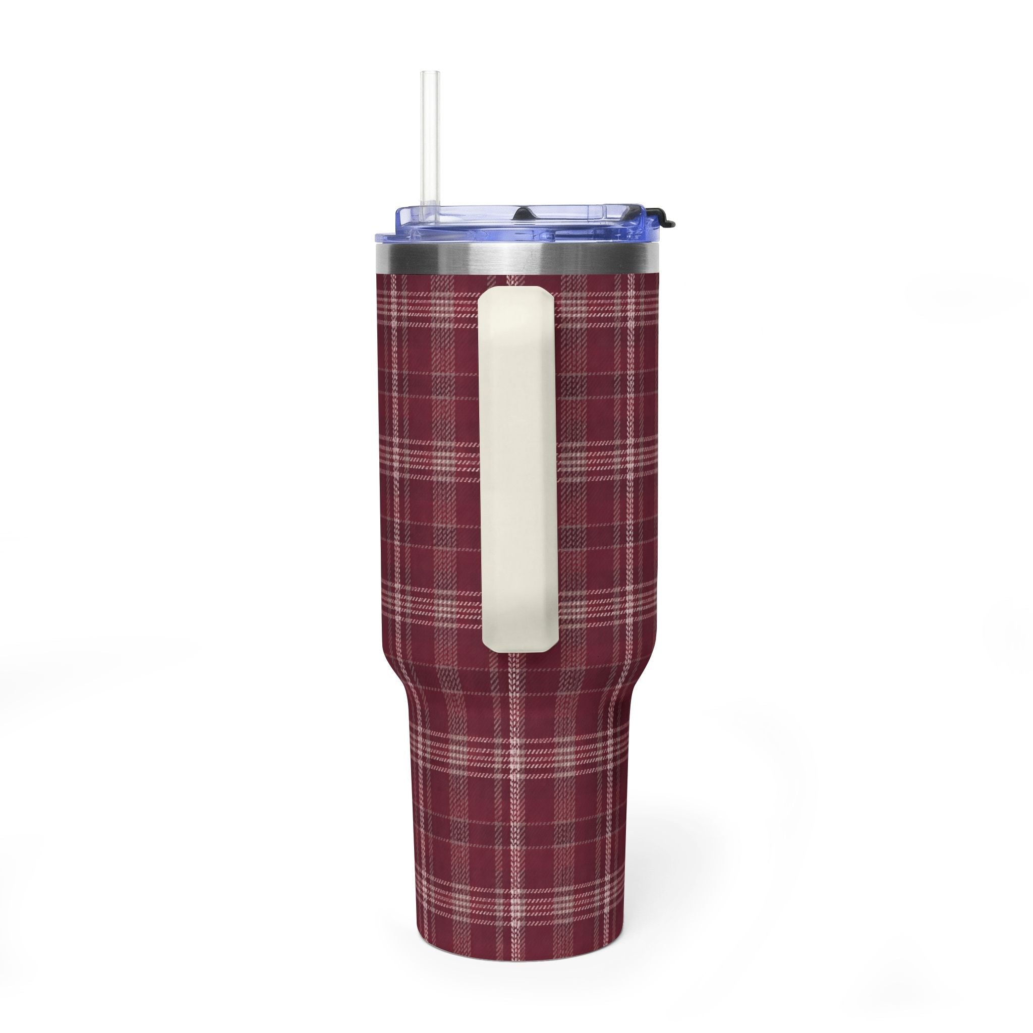 Burgundy plaid tumbler with clear lid, straw opening, and front carry handle