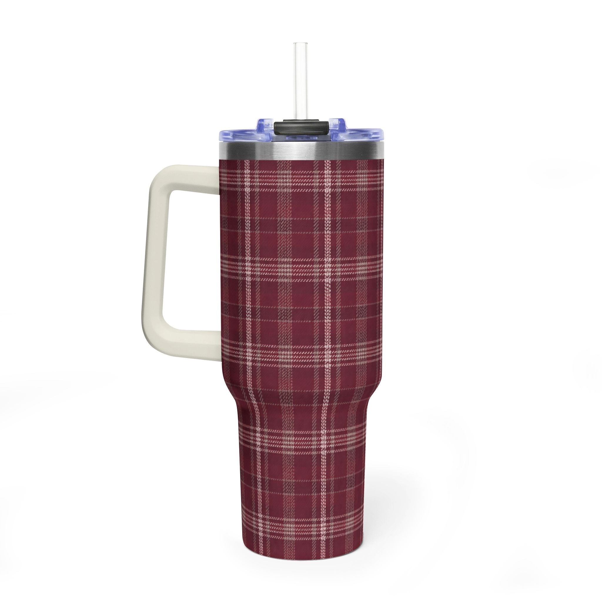 Burgundy plaid tumbler with clear lid, straw, and cream side handle