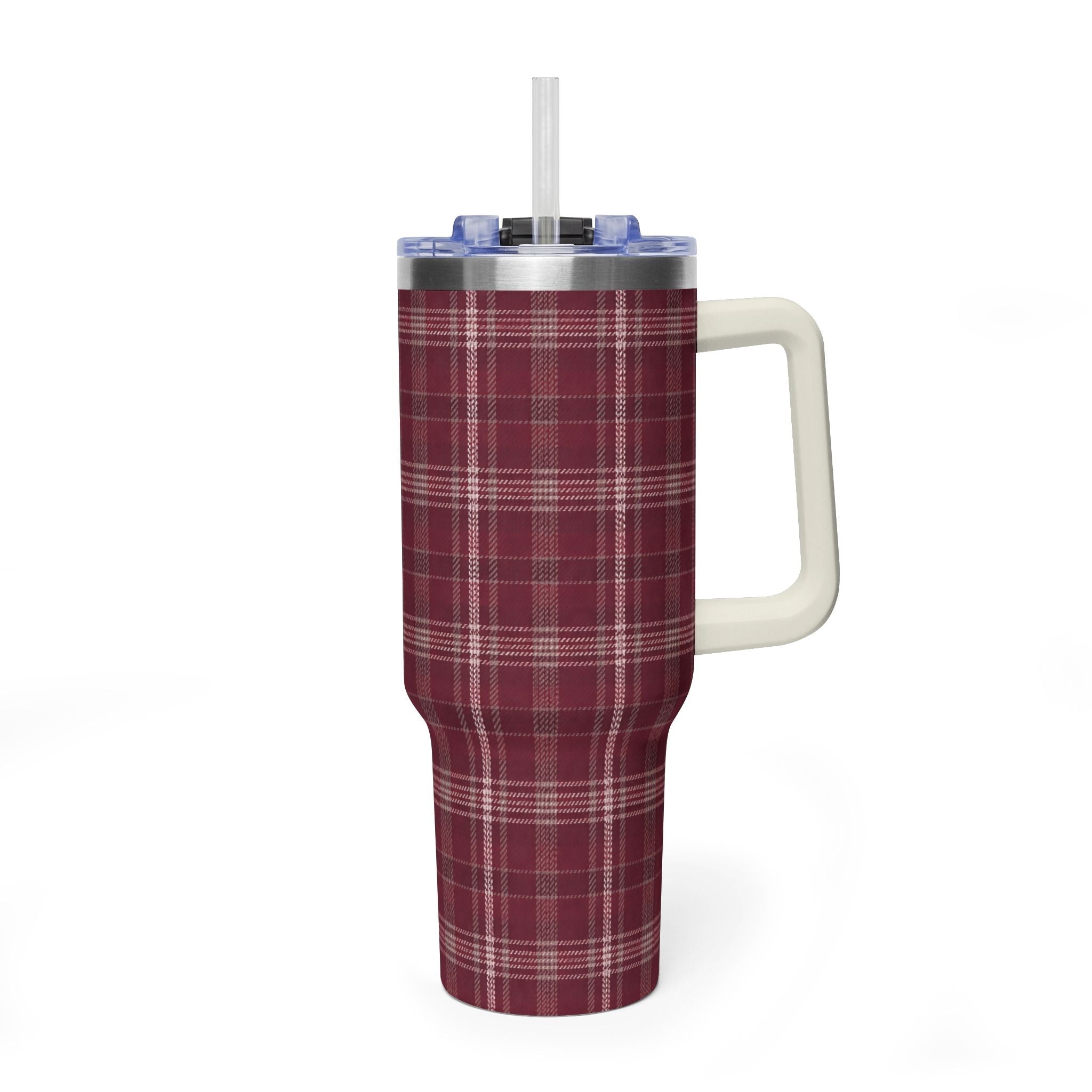 Burgundy plaid 40oz stainless steel tumbler with clear lid and straw, side handle