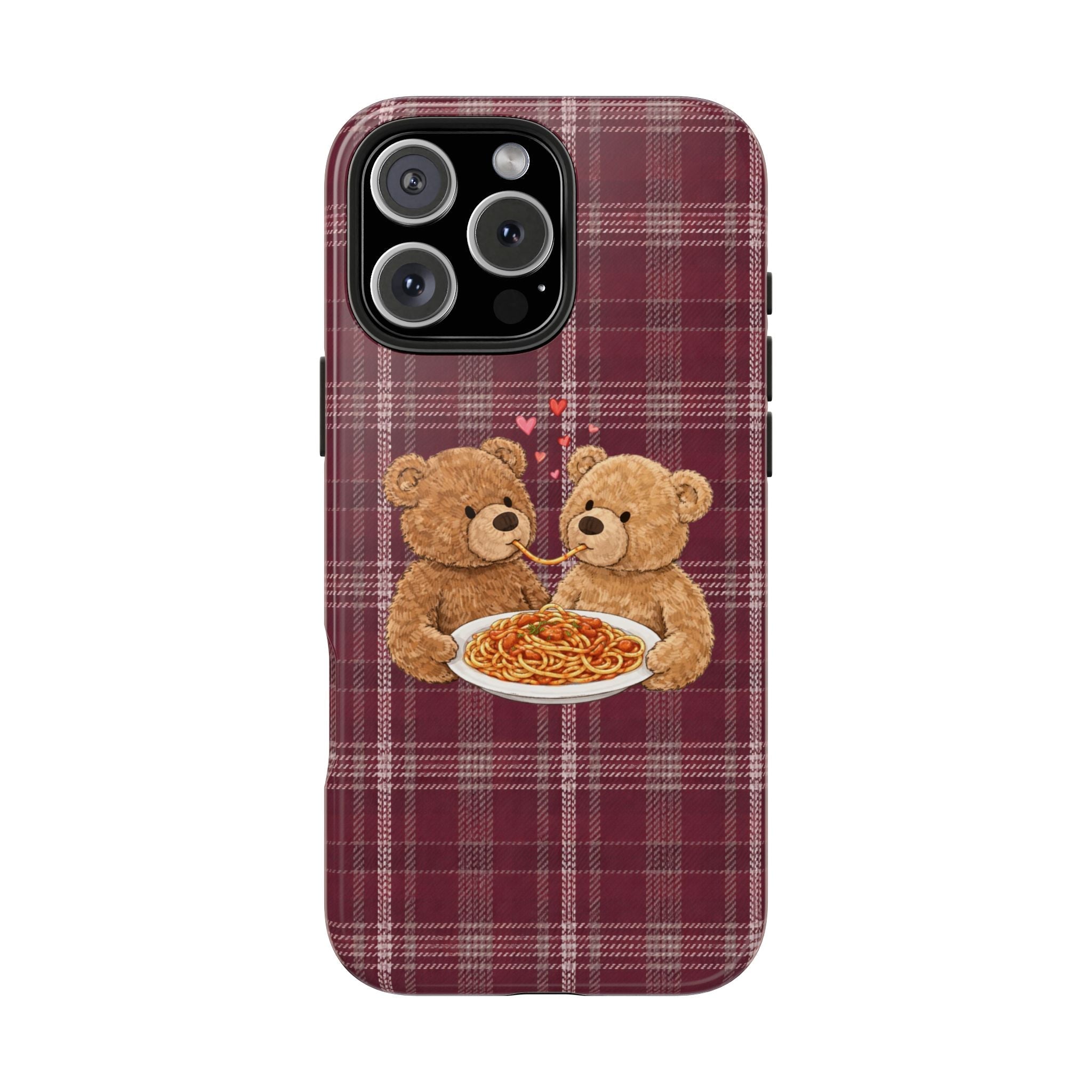 Burgundy plaid phone case with two cuddly teddy bears sharing a bowl of noodles