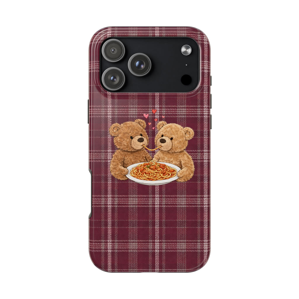 Burgundy plaid phone case featuring two teddy bears holding a bowl of noodles