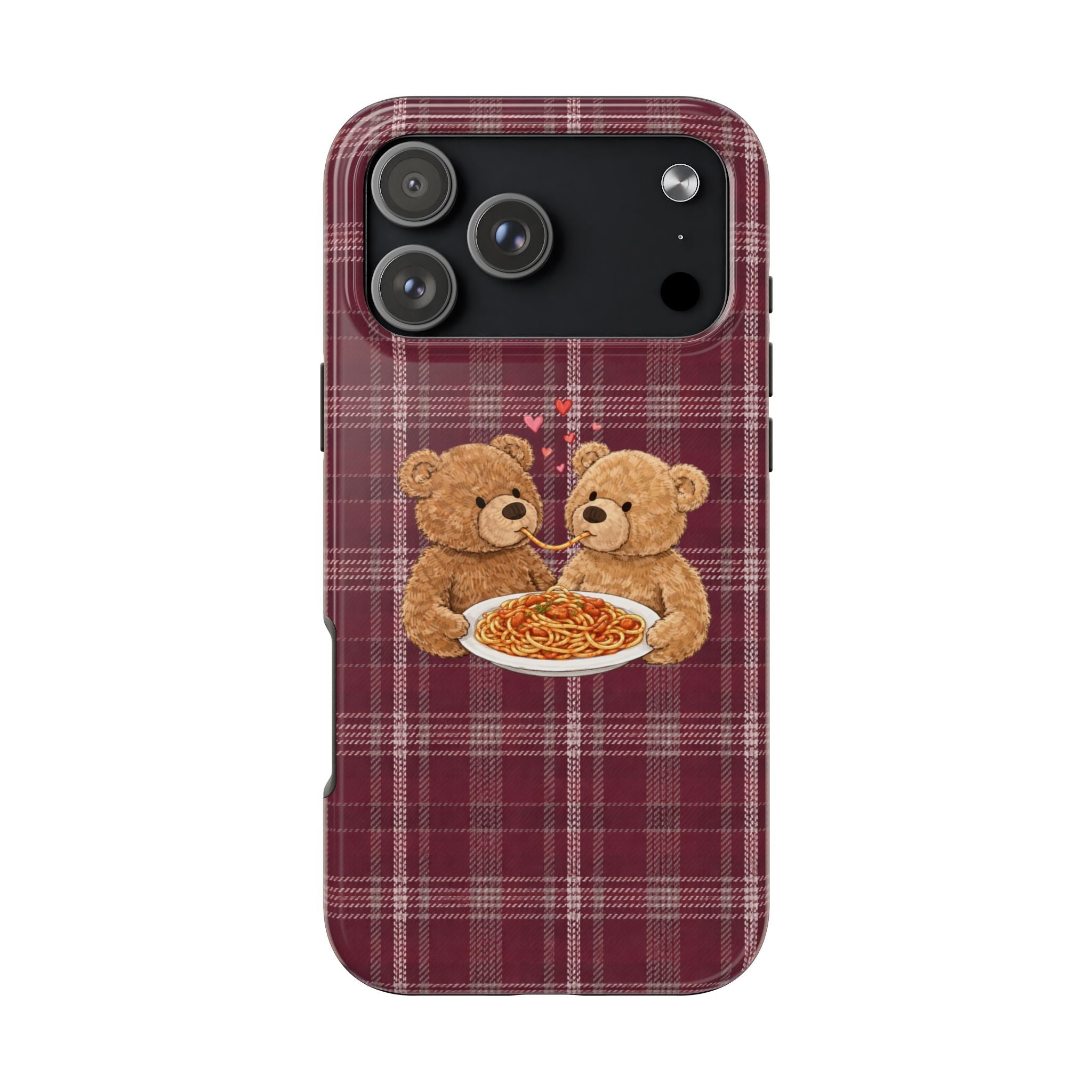 Burgundy plaid phone case featuring two teddy bears holding a bowl of noodles
