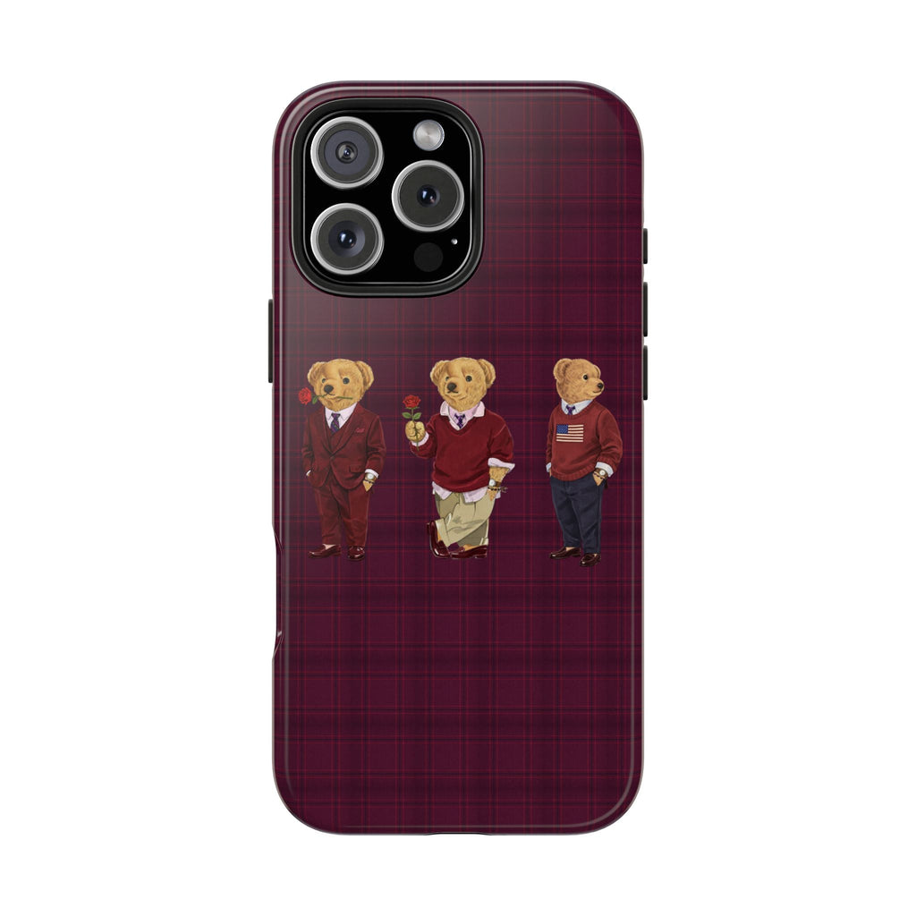 Burgundy plaid phone case featuring three teddy bears standing with Valentine details