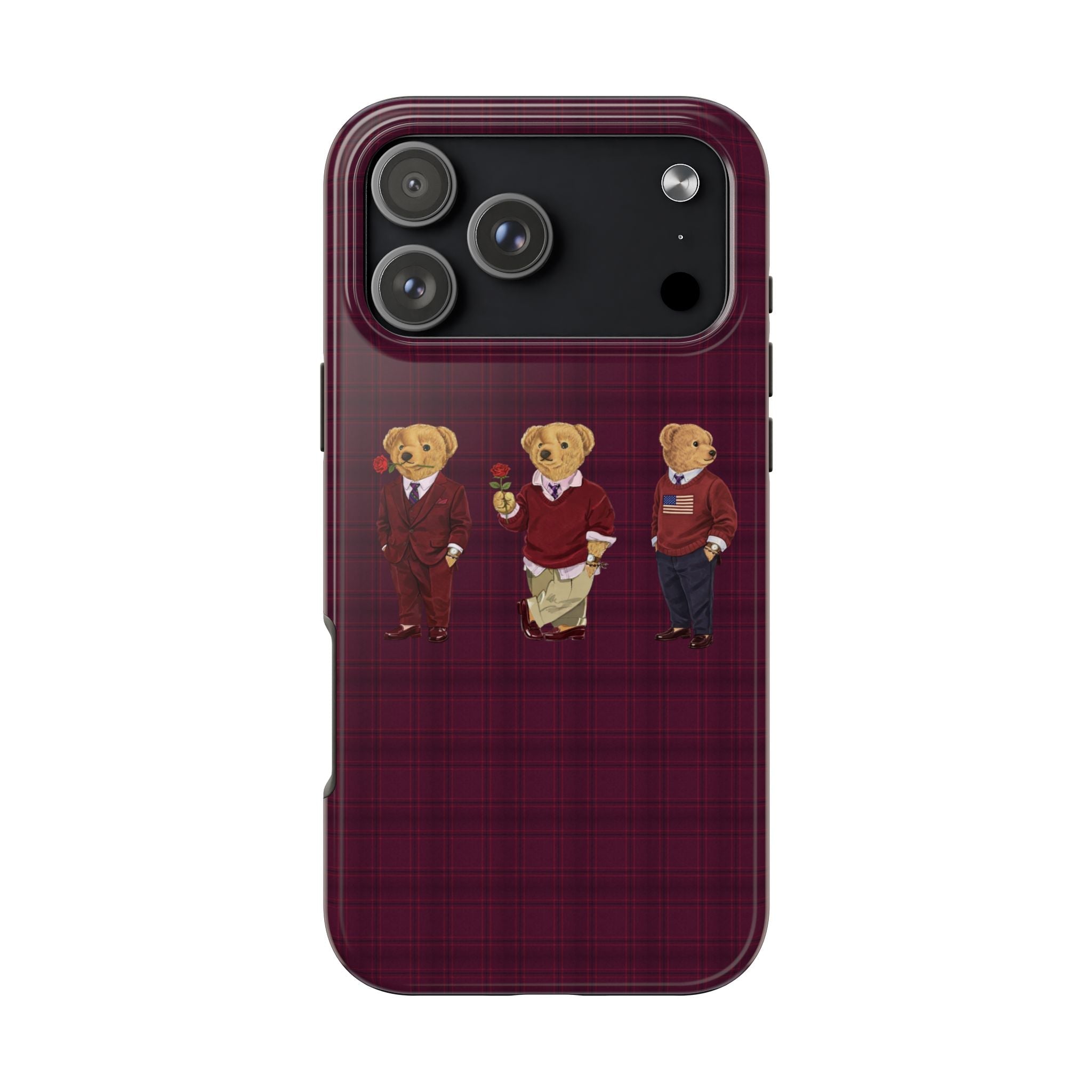 Burgundy plaid phone case with three teddy bears in red outfits and heart accents