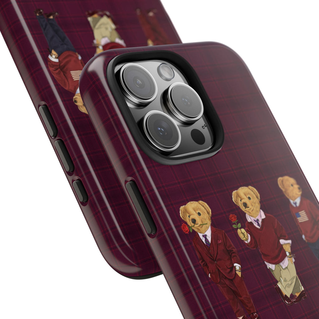 Burgundy plaid phone case close-up with teddy bear figures and camera cutouts