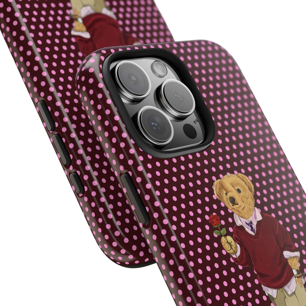 Burgundy polka-dot phone case with teddy bear graphic, raised camera cutouts