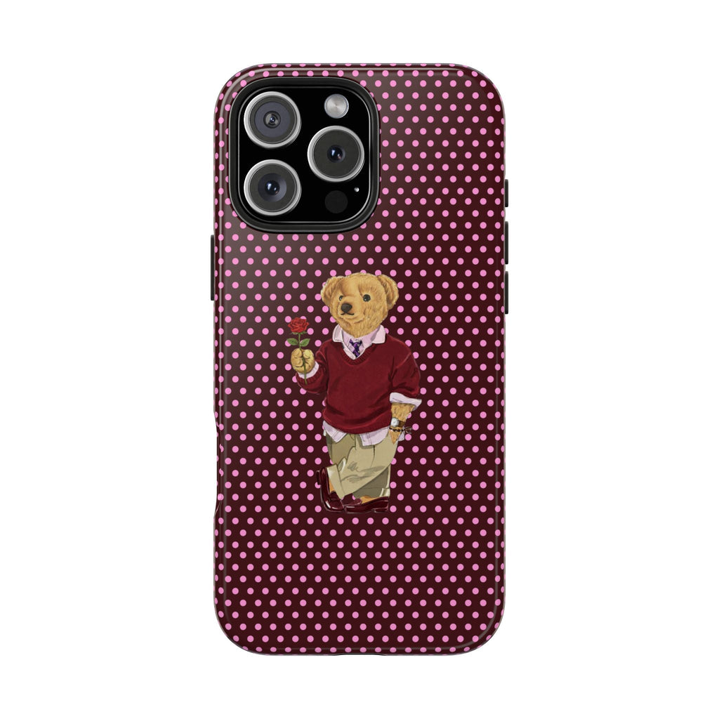 Burgundy polka-dot phone case with teddy bear wearing red outfit