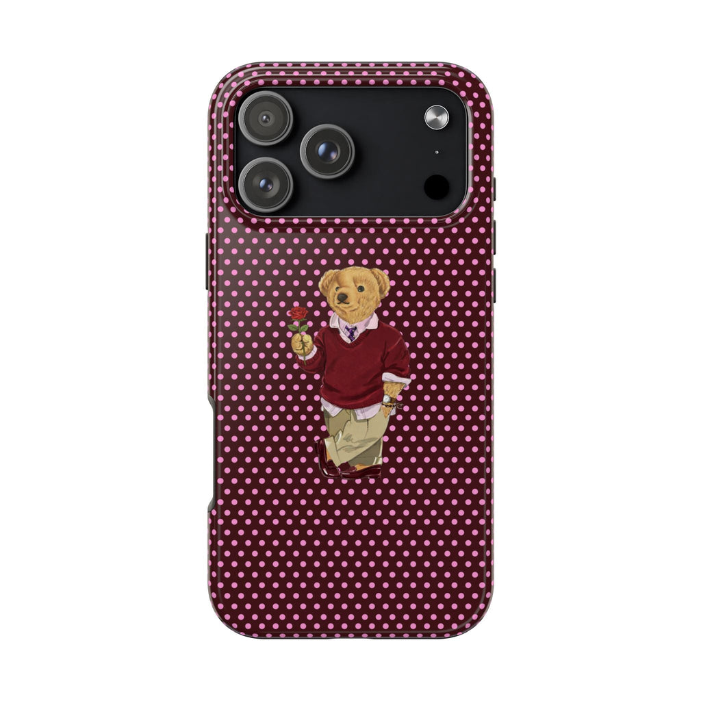 Burgundy polka-dot phone case with teddy bear graphic