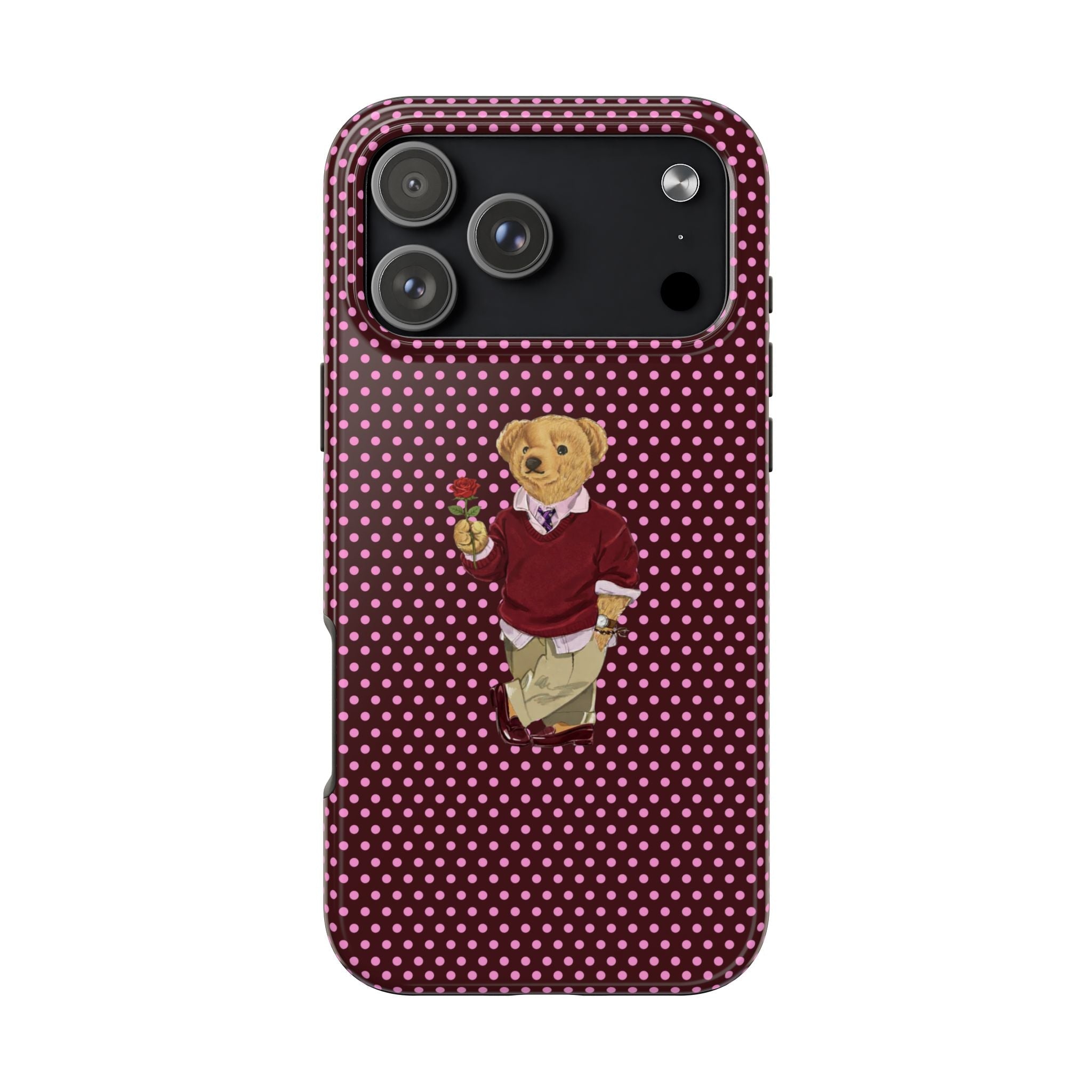 Burgundy polka-dot phone case with teddy bear graphic