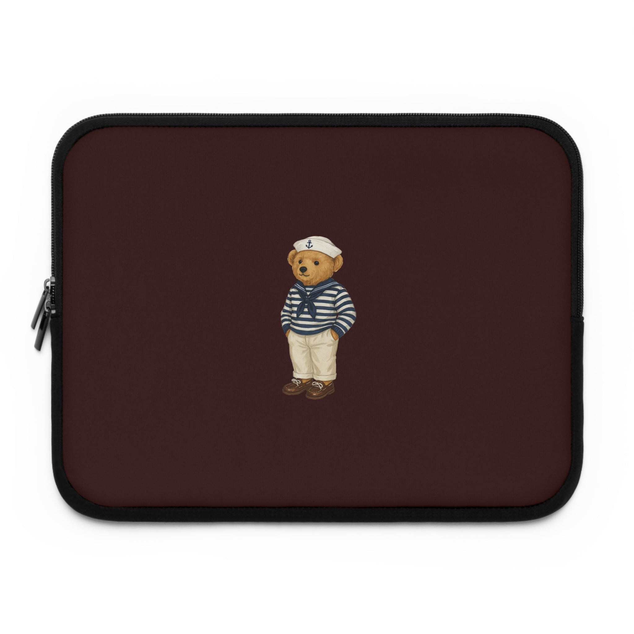 Burgundy neoprene tablet laptop sleeve with sailor bear patch centered and black zipper