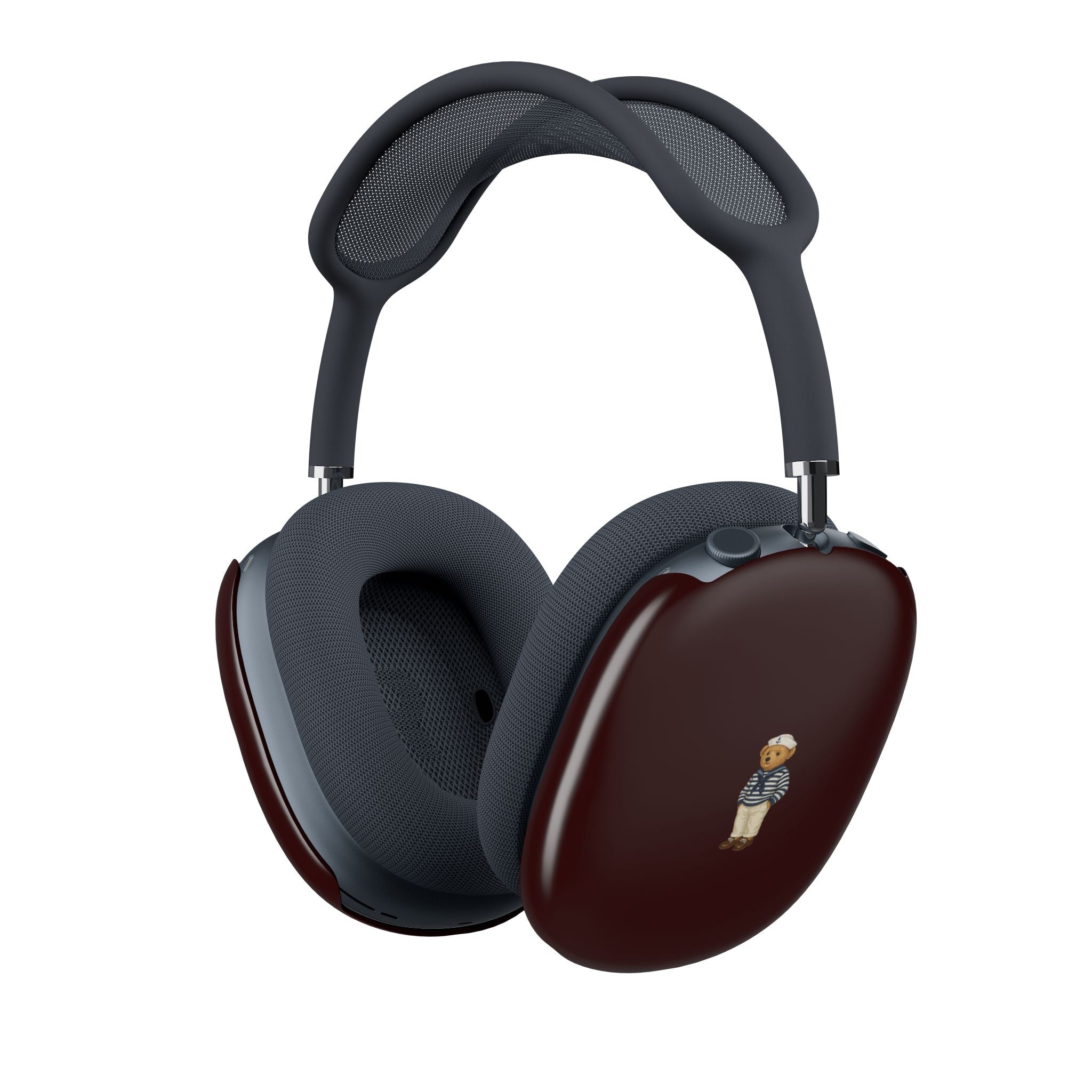 AirPods Max case covers: burgundy ear cups with sailor teddy bear patch, gray headband