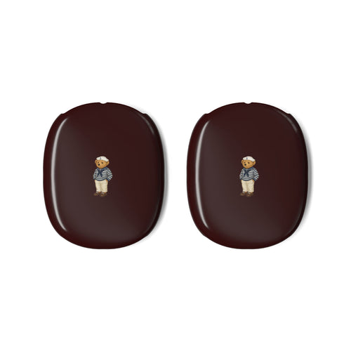 Pair of burgundy AirPods Max ear cup covers with sailor teddy bear emblem, oval shape