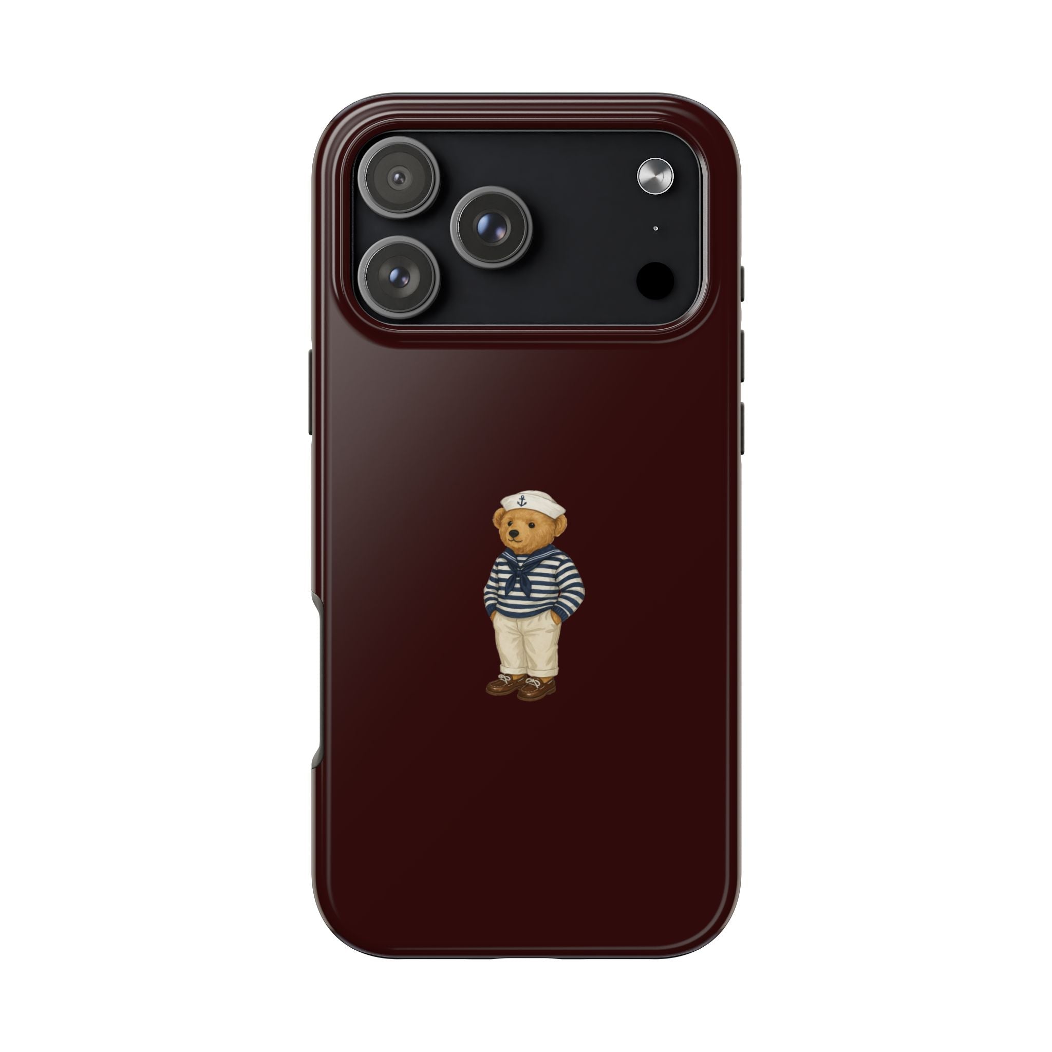 Burgundy phone case with sailor teddy bear graphic and camera cutouts