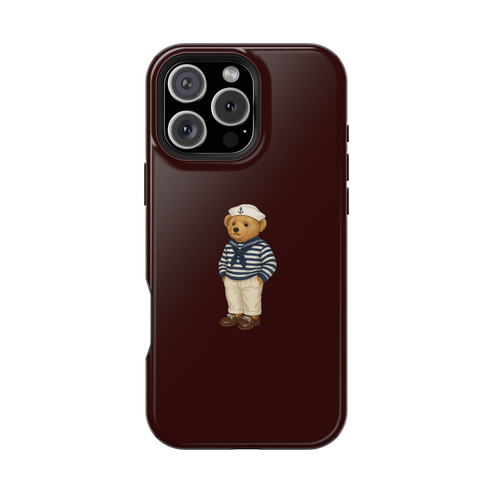 Burgundy teddy bear in sailor outfit phone case with raised camera cutout
