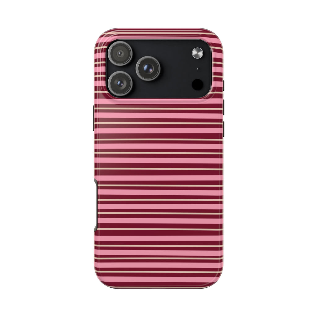 Burgundy striped phone case with pink and dark red horizontal stripes, camera cutout