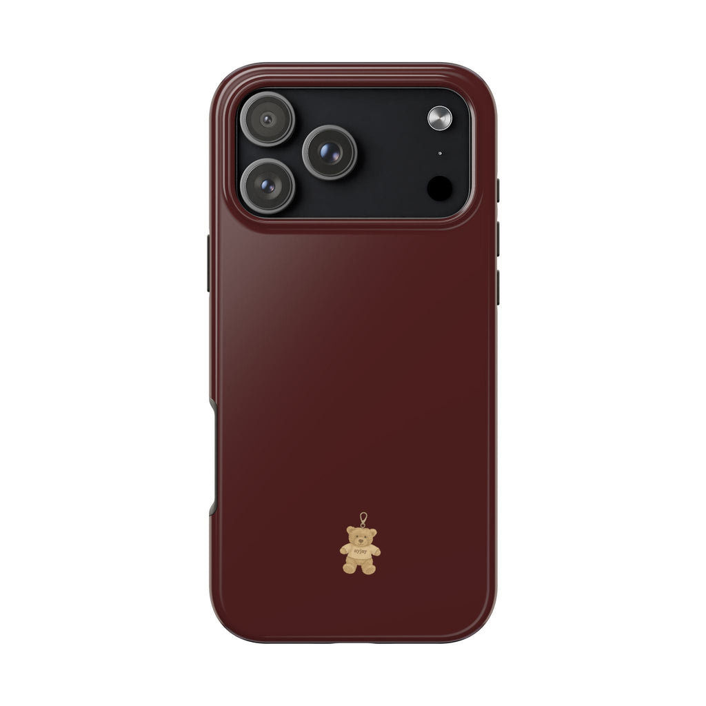Burgundy teddy bear phone case with small hanging teddy charm on back