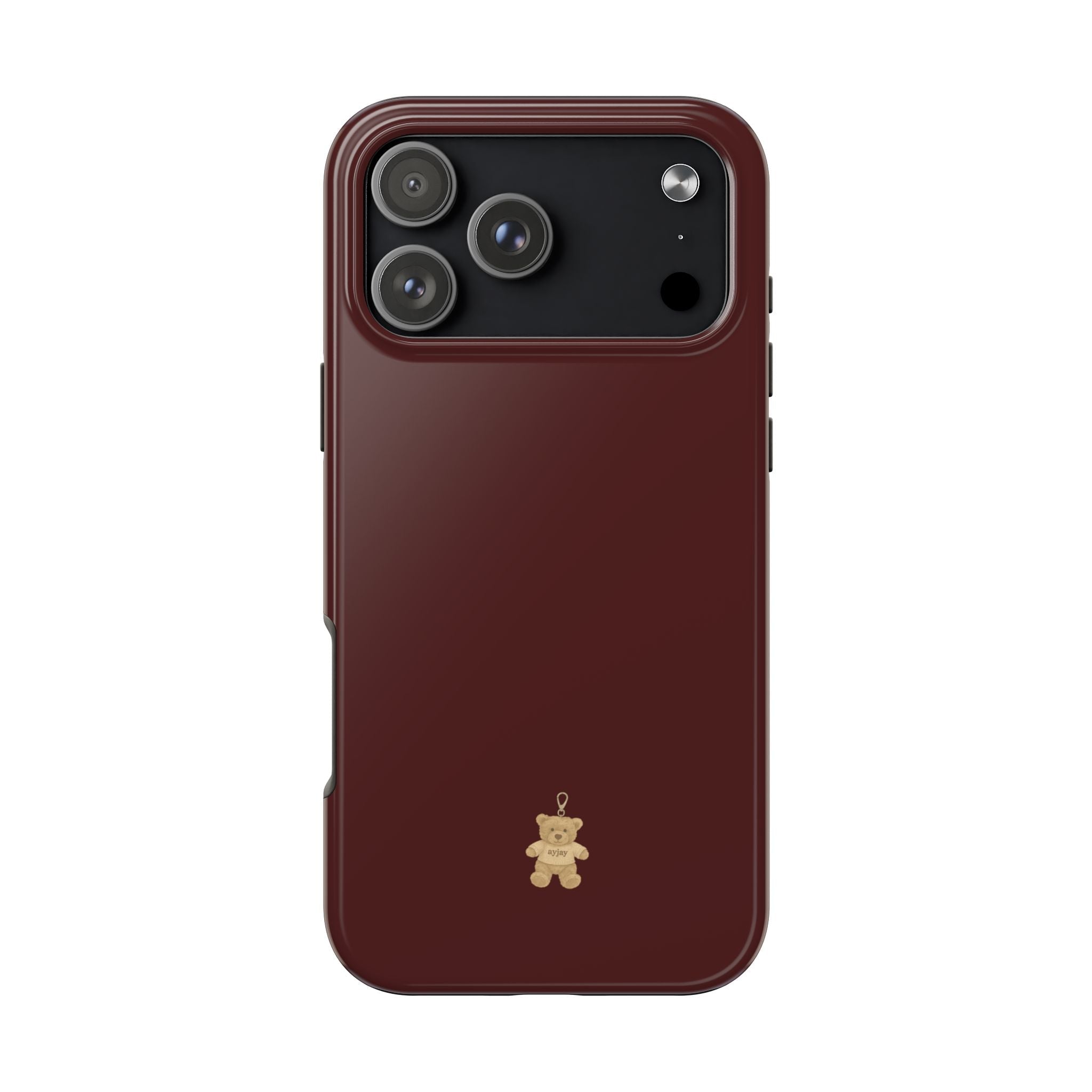 Burgundy teddy bear phone case with small hanging teddy charm on back