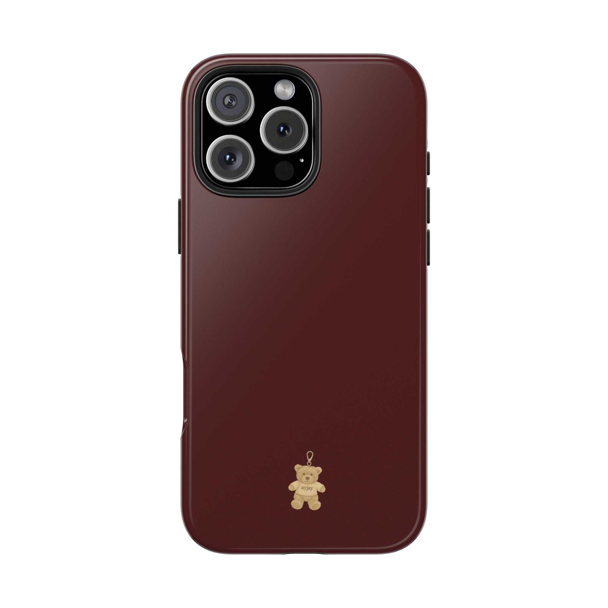 Burgundy teddy bear phone case back with teddy charm and camera cutout