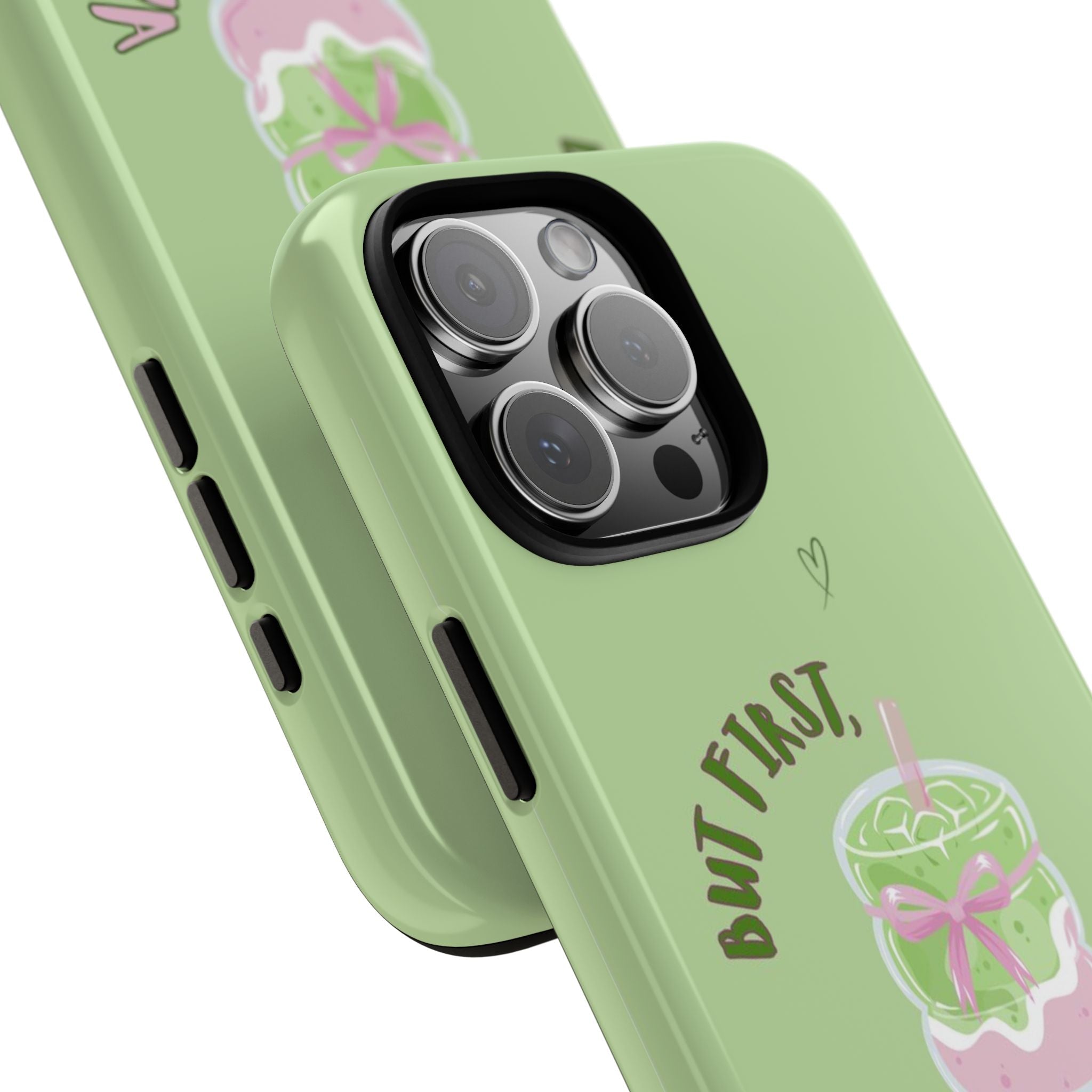 Mint green phone case close-up: camera cutout rings and matcha drink graphic detail
