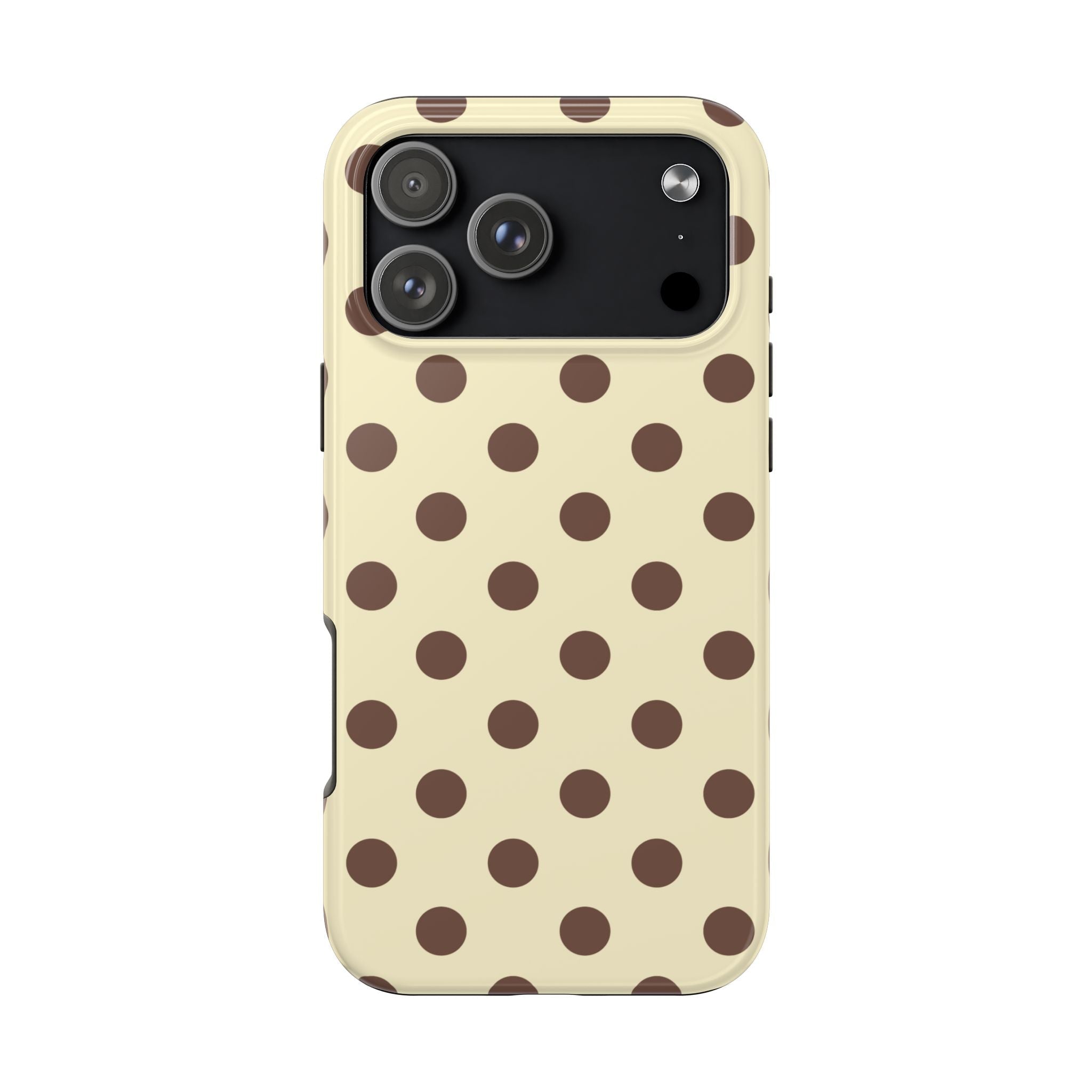 Butter yellow phone case with brown polka dots, flat back and camera cutouts