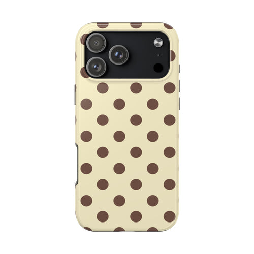Butter yellow phone case with brown polka dots, flat back and camera cutouts
