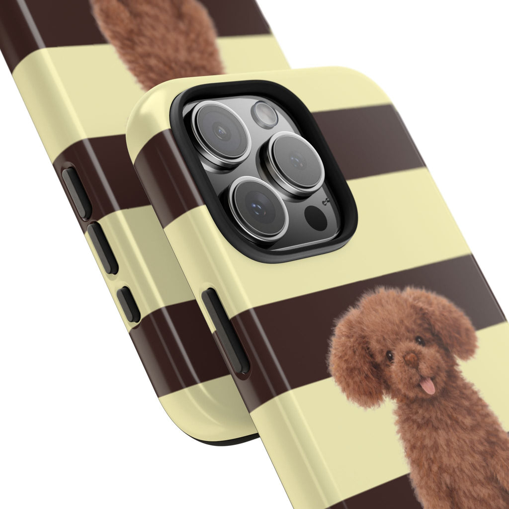 Angled view: butter yellow & brown striped puppy phone case with dog figure and lens cutout