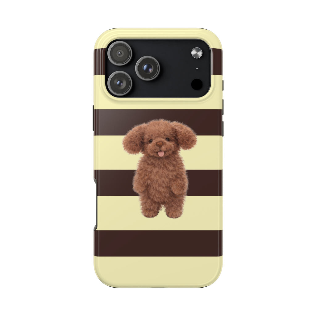 Front view puppy phone case: butter yellow & brown stripes with brown dog charm