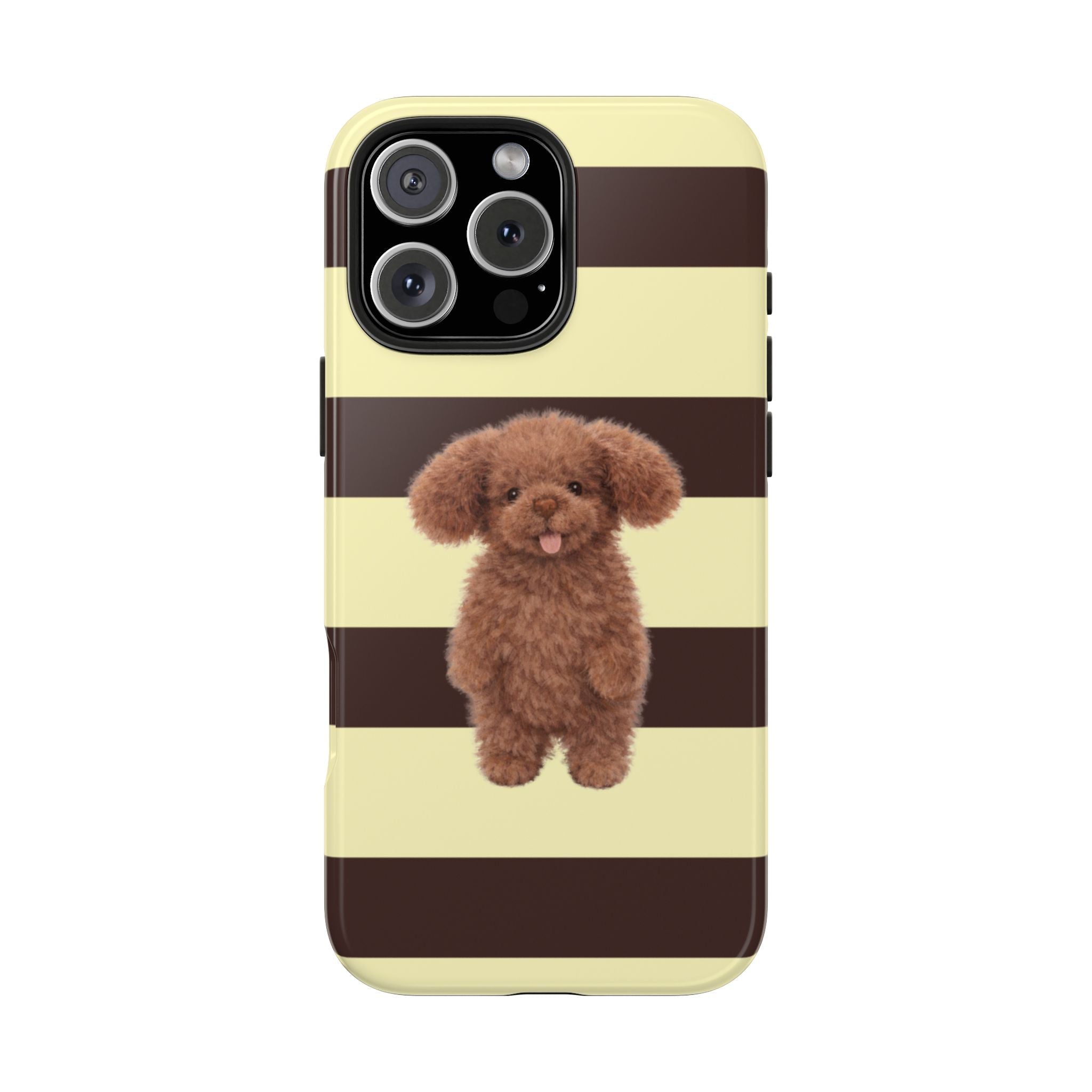 Butter yellow & brown striped puppy phone case, dog figure, camera cutouts
