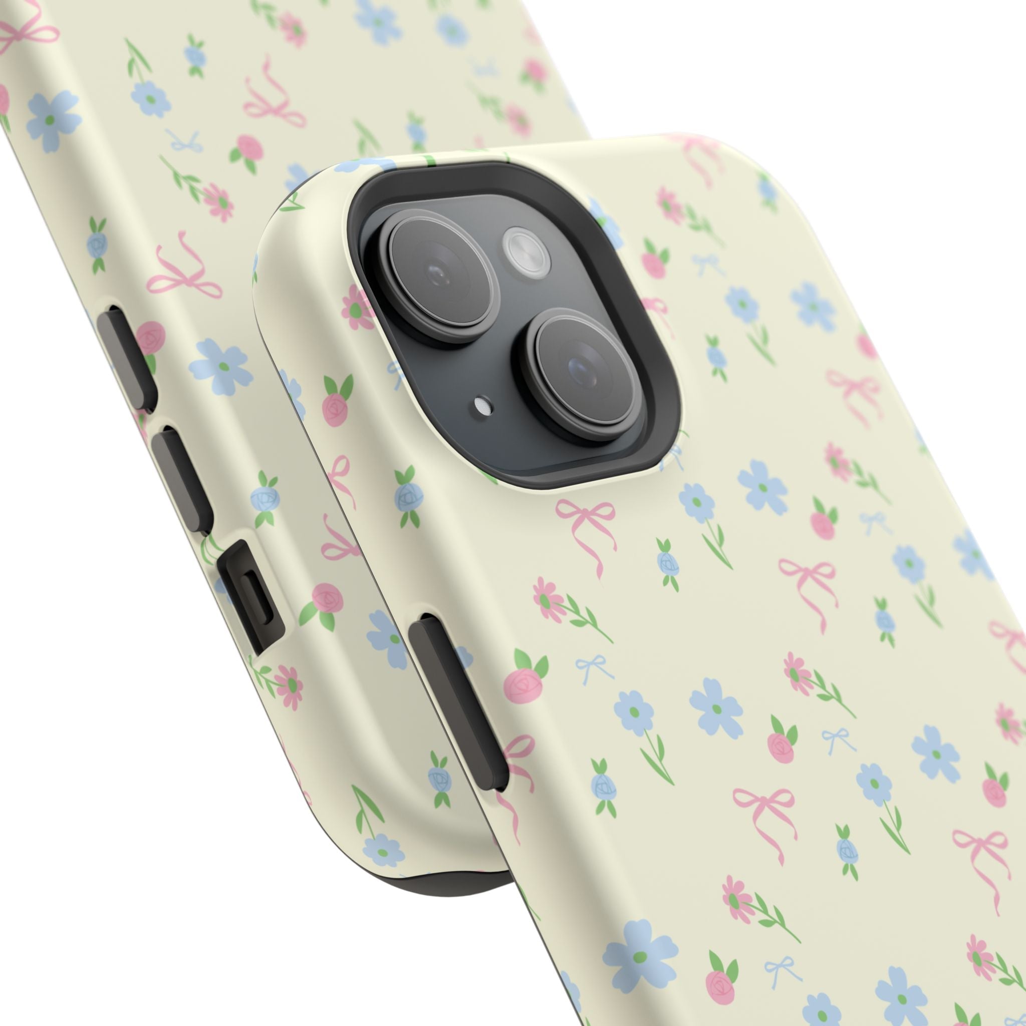 Angled butter yellow floral phone case showing side button cutouts and dual camera bump