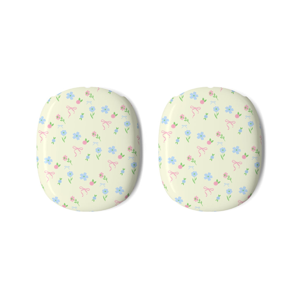 Pair of butter yellow floral ear cup covers, rounded design