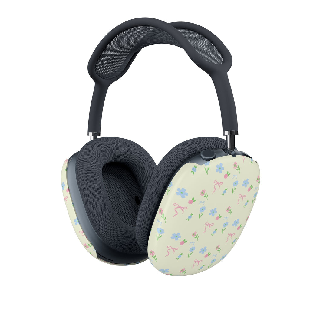 Butter yellow floral ear cup cover on AirPods Max, front angle
