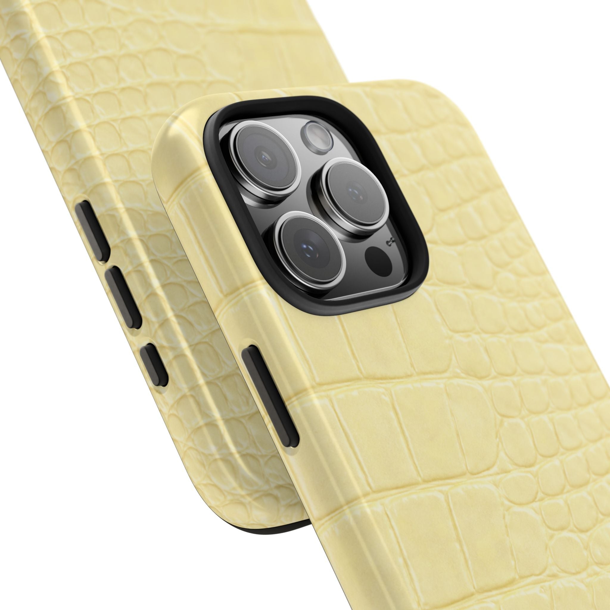 Butter yellow croc-printed phone case corner close-up with camera module protectors