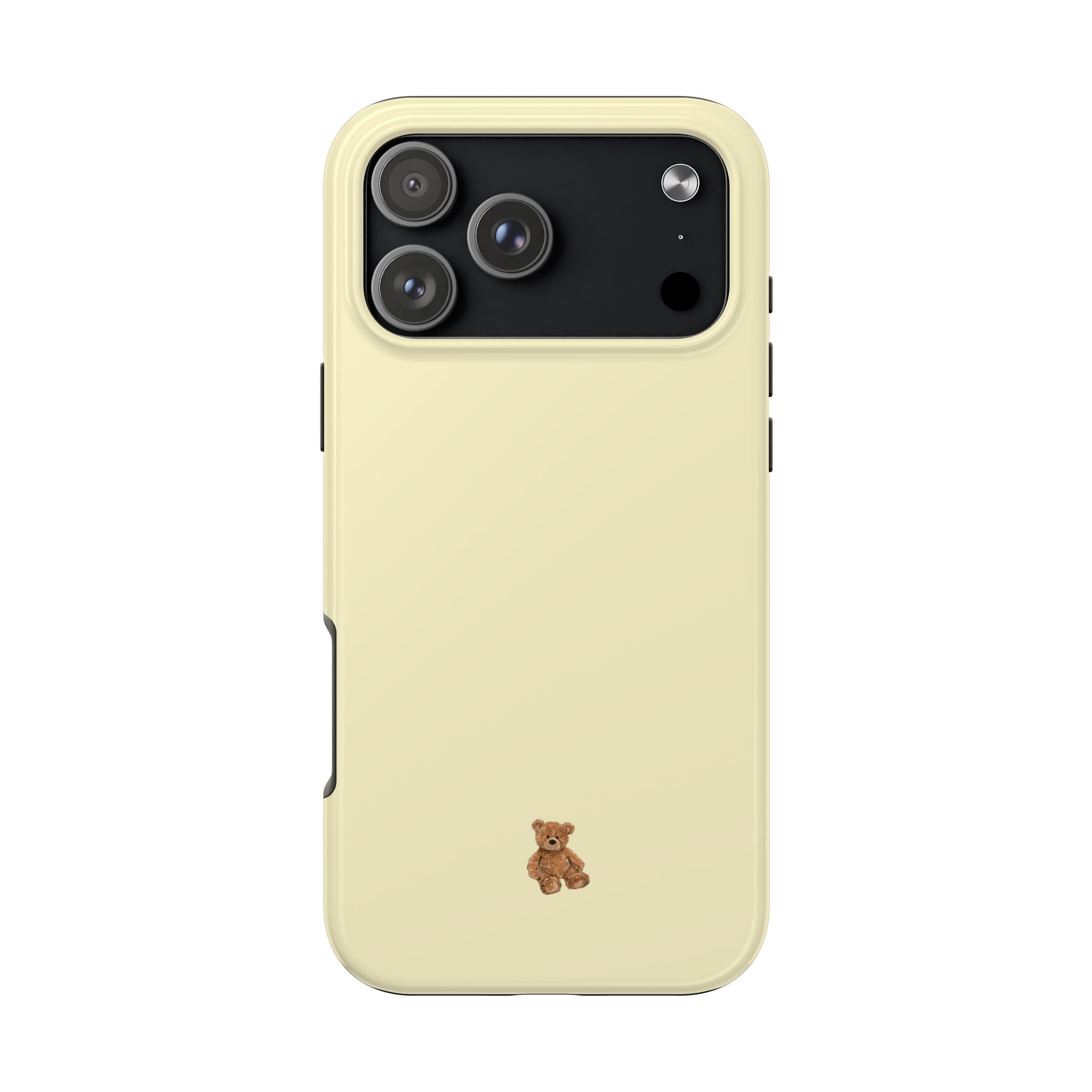 Butter yellow phone case with mini teddy bear charm, cutouts for rear cameras