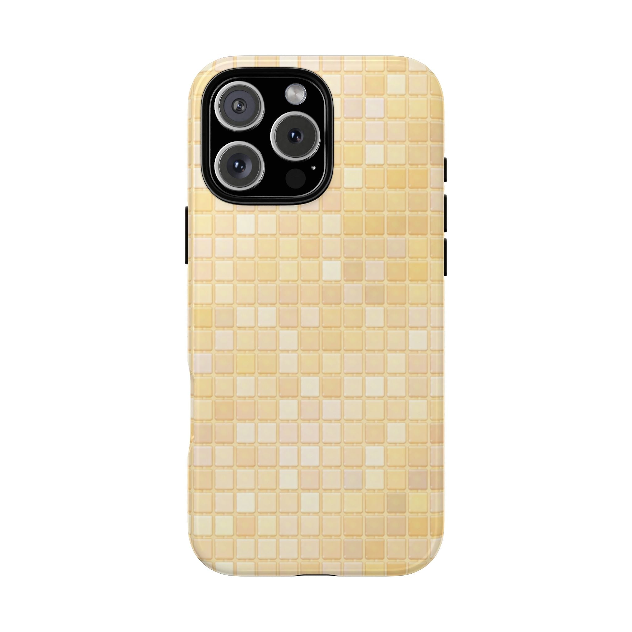 Butter yellow mosaic phone case with black camera cutout and raised bezels