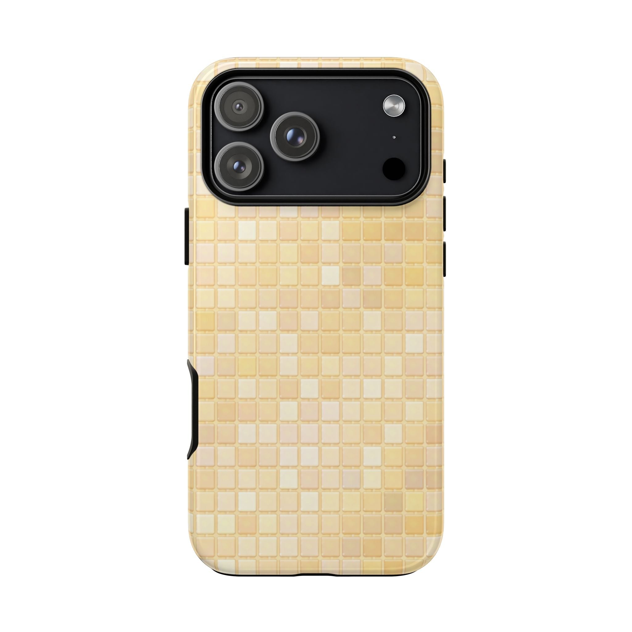 Butter yellow mosaic phone case back view with side cutouts and camera opening