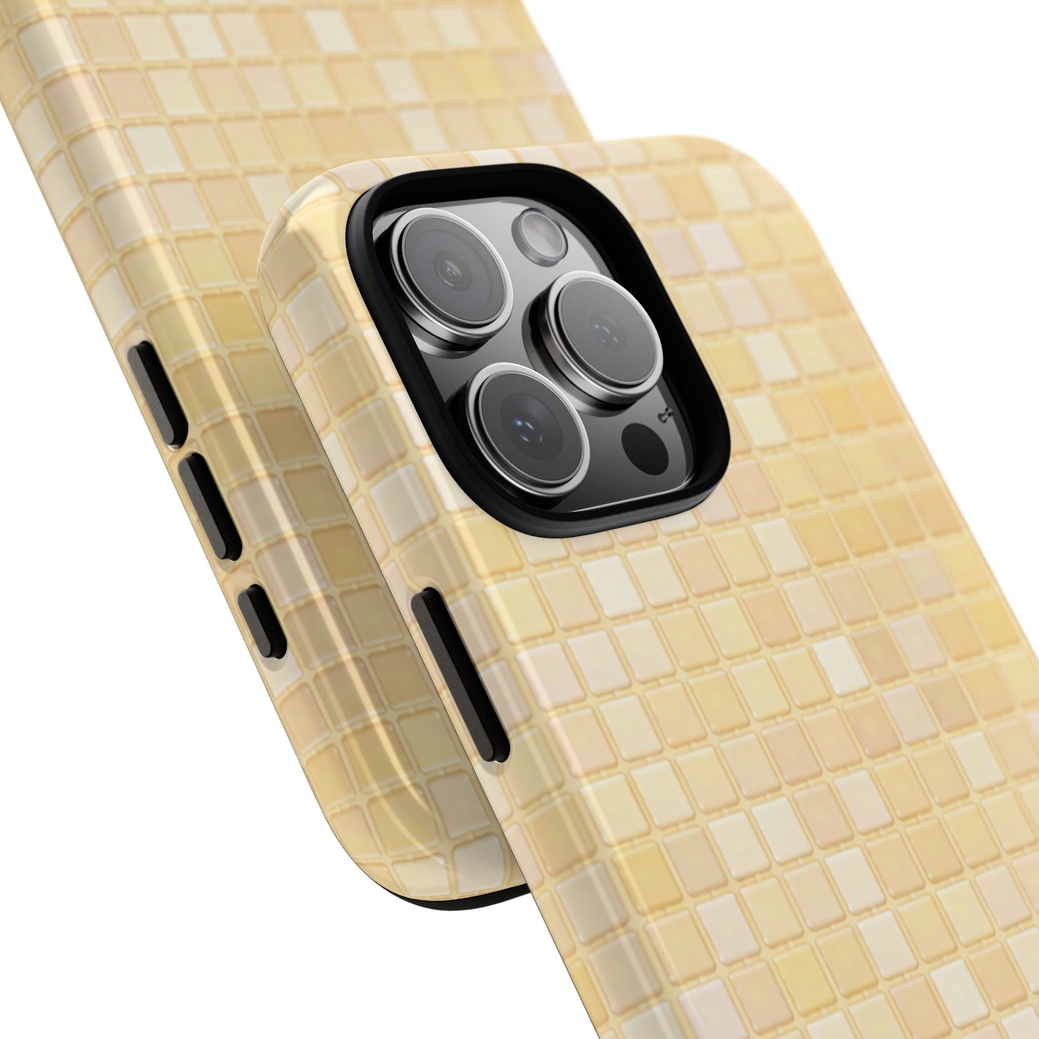 Butter yellow mosaic phone case close-up with black camera frame and textured pattern
